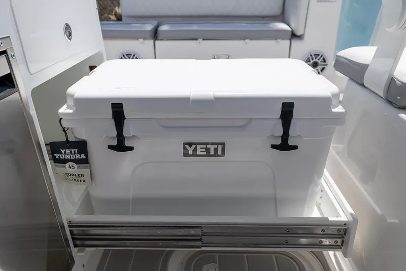 Slide: The Image of YETI cooler in Sea Fox 288 Traveler boat, 2025 model, on sliding drawer. - 17