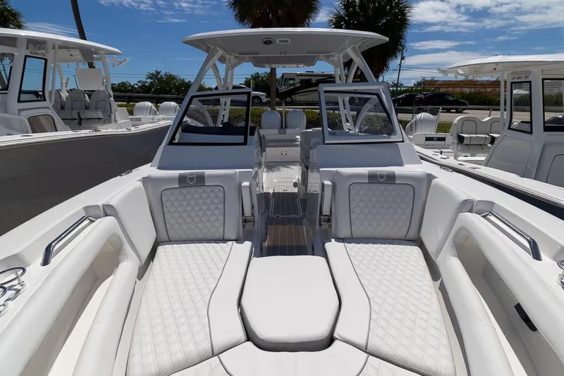 Slide: The Image of 2025 Sea Fox 288 Traveler boat interior with luxurious seating and modern design. - 28