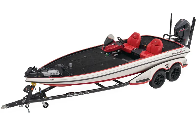 Slide: The Image of 2025 Ranger Z520 boat on trailer, parked outdoors near a building. - 1