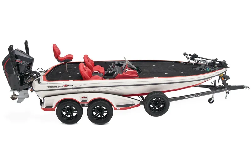 Slide: The Image of 2025 Ranger Z520 boat deck with Garmin electronics and trolling motor setup. - 8