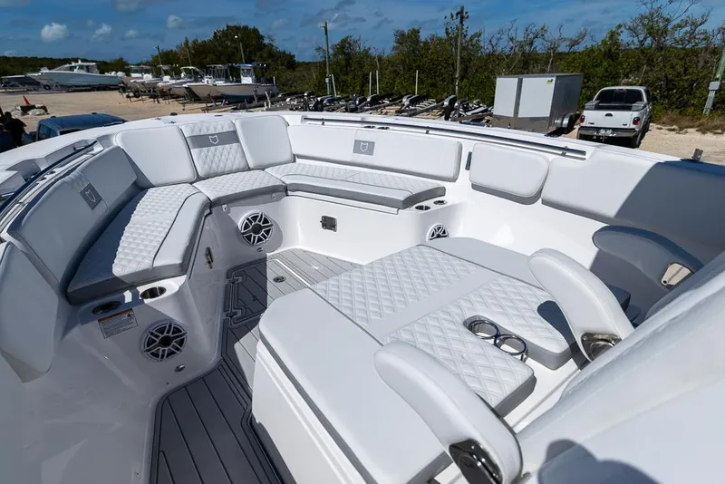 Slide: The Image of 2025 Sea Fox 328 Commander boat interior with luxurious seating and modern design. - 18
