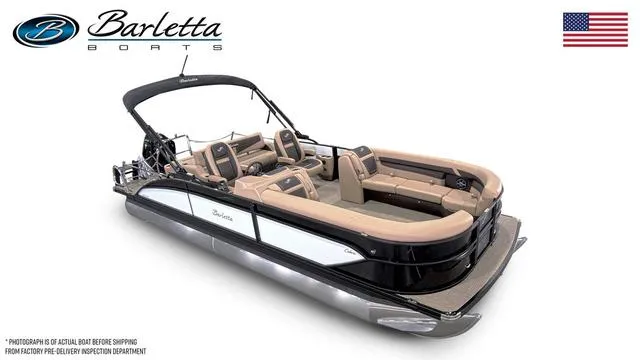 Slide: The Image of 2025 Barletta Cabrio C24UC pontoon boat with luxurious seating and sleek design. - 2