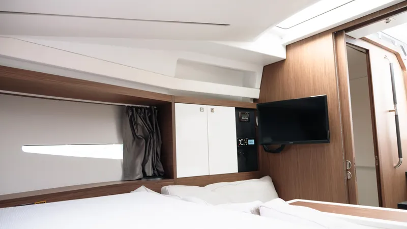 Slide: The Image of Interior cabin of 2019 Jeanneau Leader 33 yacht with modern design and TV. - 12