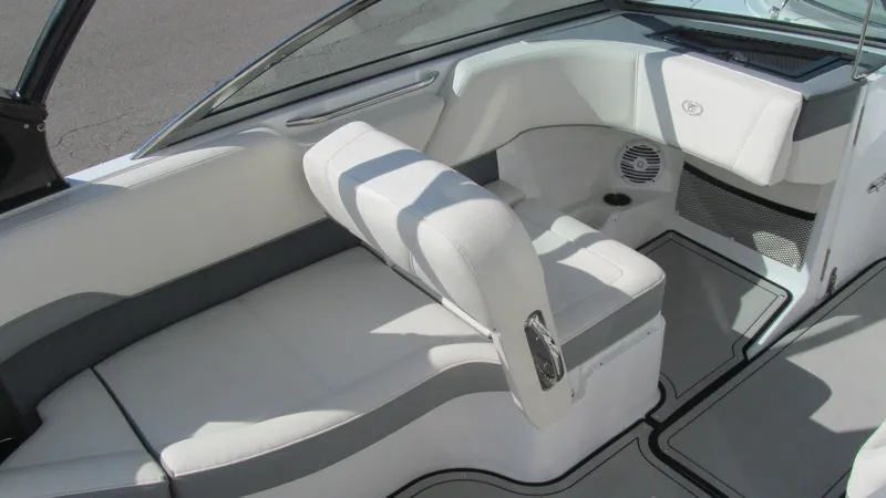 Slide: The Image of Interior of 2018 Cobalt 220S boat with white seating and modern design. - 7