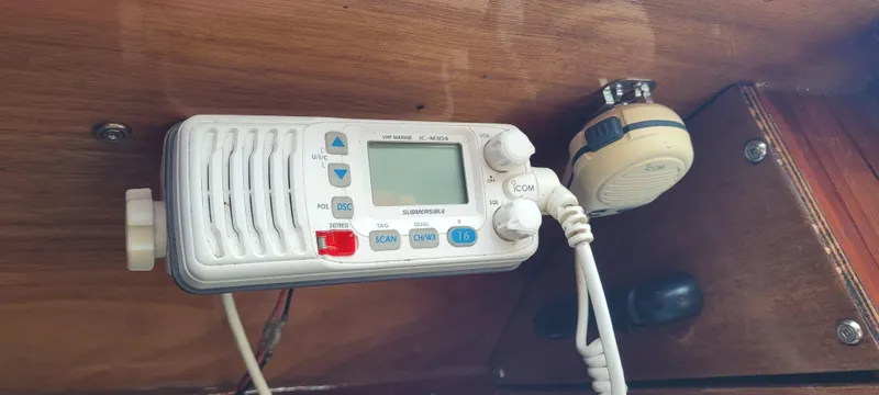 Slide: The Image of VHF radio installed on Golant Gaffer Cutter Rig, 2009 model, with wooden interior. - 14