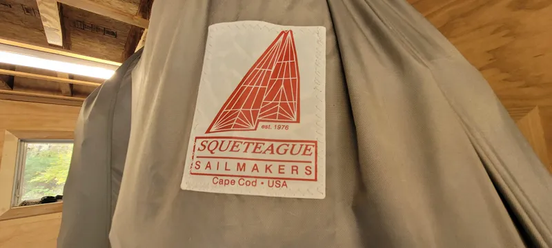 Slide: The Image of Squeteague Sailmakers label on Golant Gaffer Cutter Rig sail, Cape Cod, USA, 2009. - 48