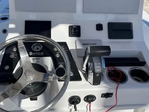 Slide: The Image of 2018 BlackJack 256 Bay boat dashboard with steering wheel and controls. - 5