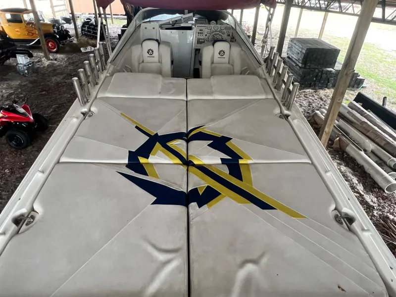 Slide: The Image of 1997 Fountain 47' Lightning boat with custom upholstery design in storage. - 28