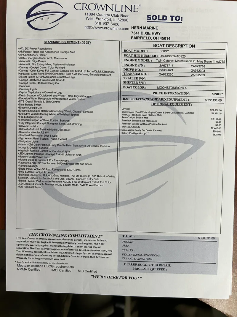 Slide: The Image of Crownline 330 SY 2020 boat specification sheet with detailed equipment list. - 6