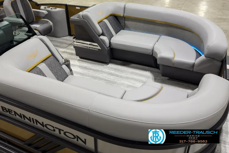 Slide: The Image of 2025 Bennington 22 MSB pontoon boat interior with luxurious seating and modern design. - 10
