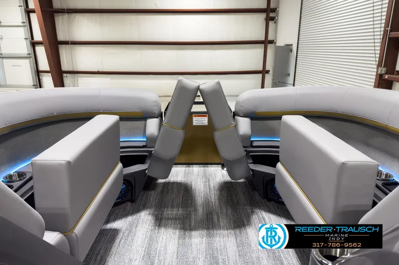 Slide: The Image of 2025 Bennington 22 MSB boat interior with modern seating and LED lighting. - 19