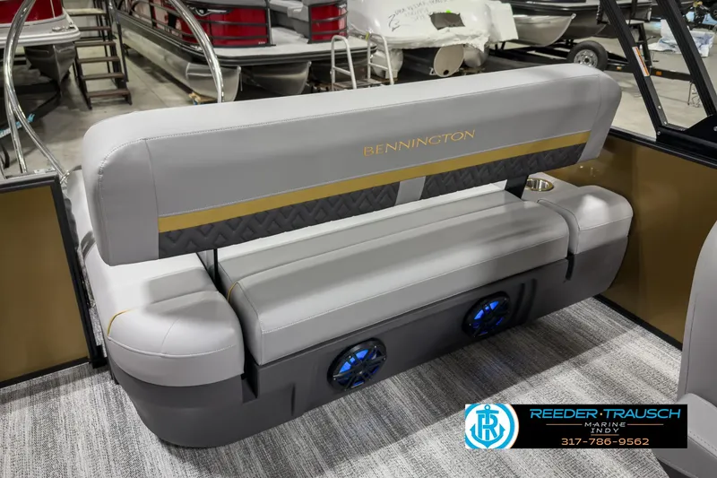 Slide: The Image of 2025 Bennington 22 MSB boat seat with built-in speakers in showroom. - 23