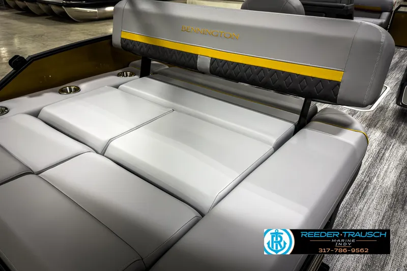 Slide: The Image of 2025 Bennington 22 MSB boat interior with gray and yellow seating. - 39