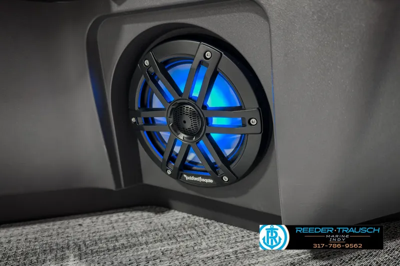 Slide: The Image of Bennington 22 MSB 2025 boat speaker with blue LED lighting. - 44