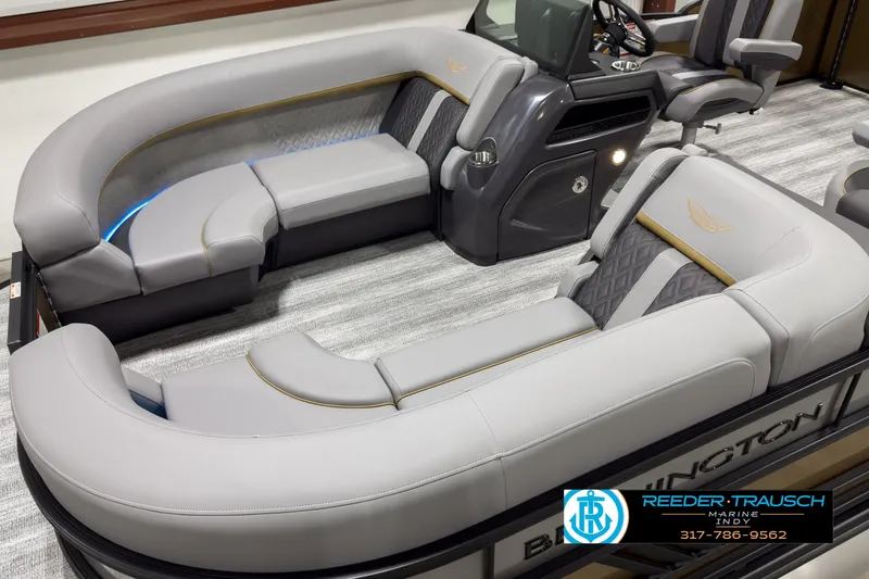 Slide: The Image of 2025 Bennington 22 MSB boat interior with luxurious gray seating and modern design. - 9