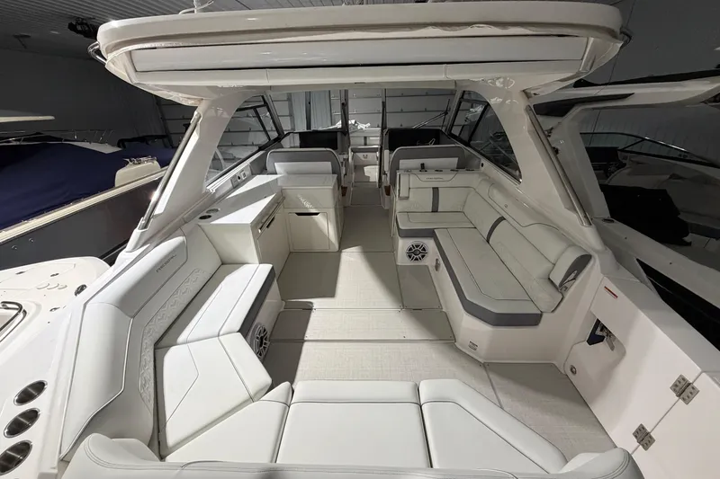Slide: The Image of Luxurious interior of 2025 Regal LS36 boat with spacious seating and modern design. - 25