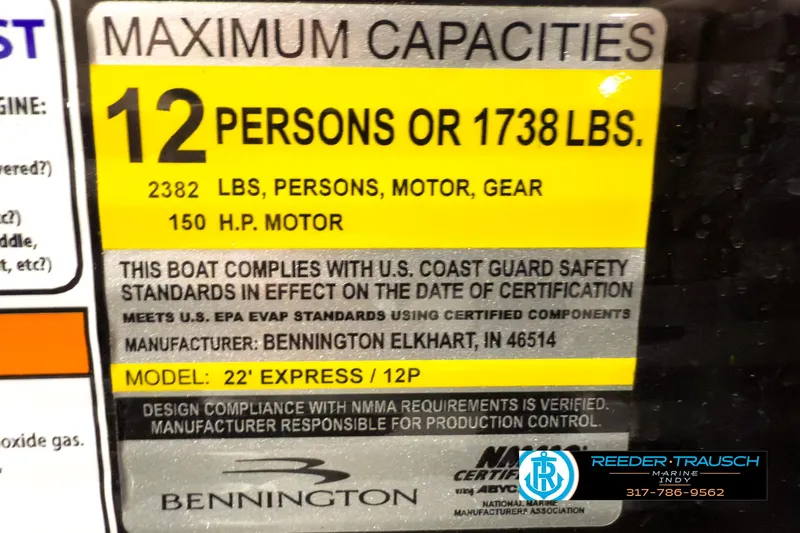 Slide: The Image of Bennington 23 LSR 2022 boat capacity label, 12 persons or 1738 lbs, 150 HP motor. - 49