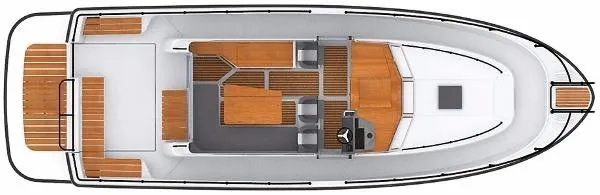 Slide: The Image of Top view of 2025 Sargo Explorer boat layout with wooden deck. - 15