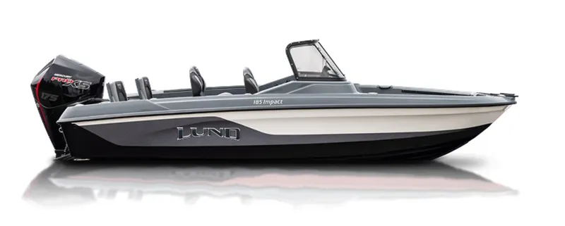 Slide: The Image of 2025 Lund 185 Impact GL boat, sleek design, side view, gray and white color scheme. - 38