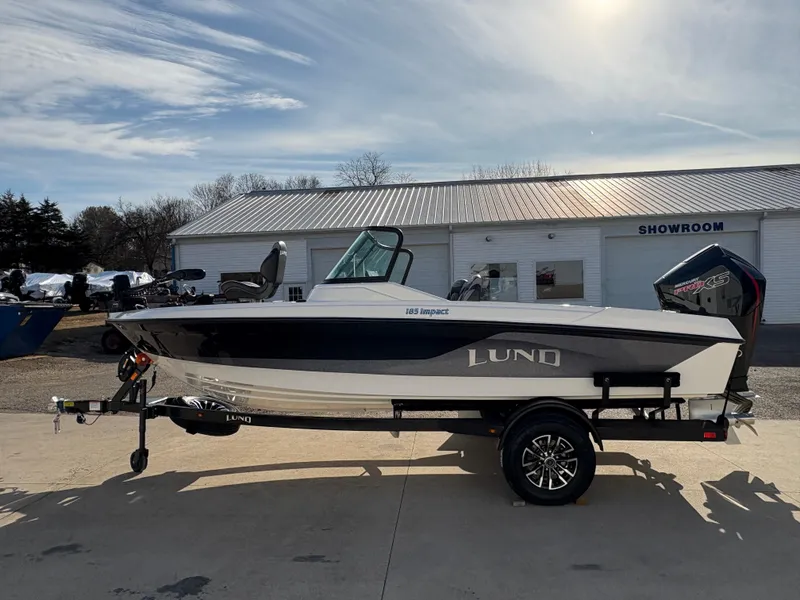 Slide: The Image of 2025 Lund 185 Impact GL boat on trailer outside showroom. - 4