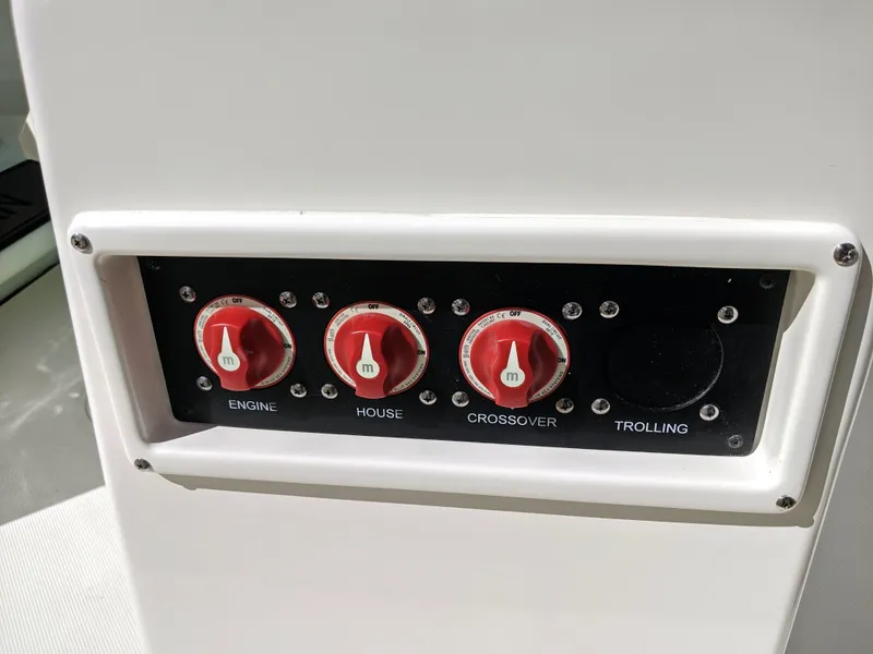 Slide: The Image of 2021 Sea Born LX26 boat control panel with engine, house, crossover, and trolling switches. - 18