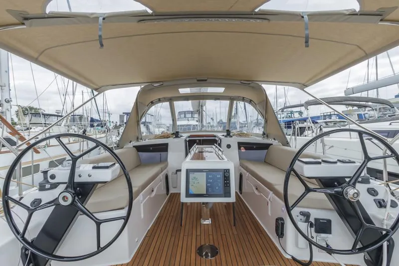 Slide: The Image of 2023 Dufour 390 yacht cockpit with dual steering wheels and navigation system. - 2