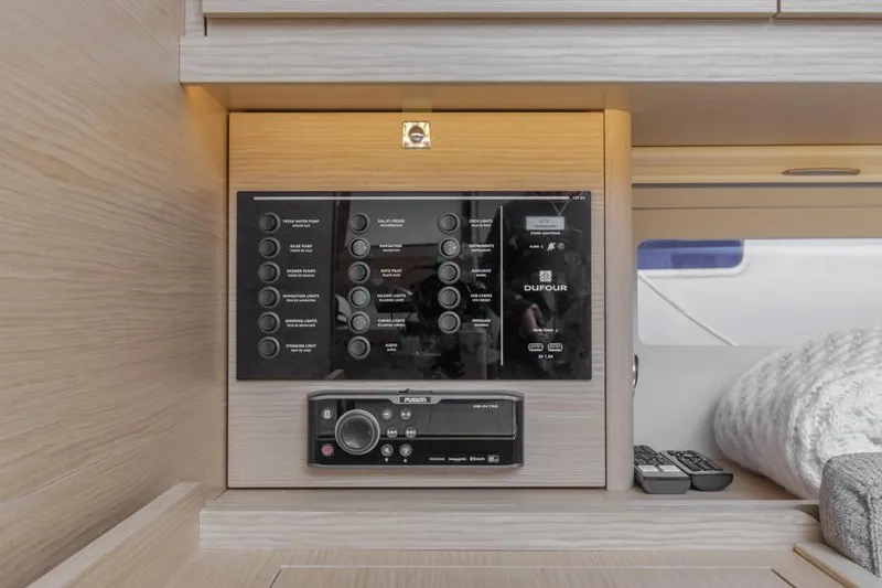 Slide: The Image of Control panel of 2023 Dufour 390 yacht, featuring modern navigation and communication systems. - 22