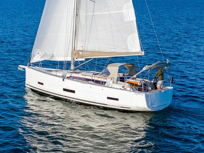 Slide: The Image of 2023 Dufour 390 sailboat cruising on open blue water. - 4