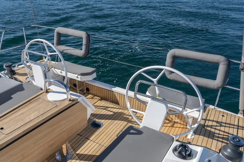 Slide: The Image of 2024 Bavaria C38 yacht deck with dual steering wheels and ocean view. - 40