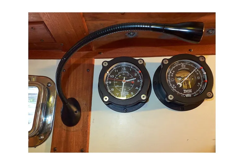 Slide: The Image of Valiant 40 Selah 1983 boat gauges and lamp on wooden panel. - 14