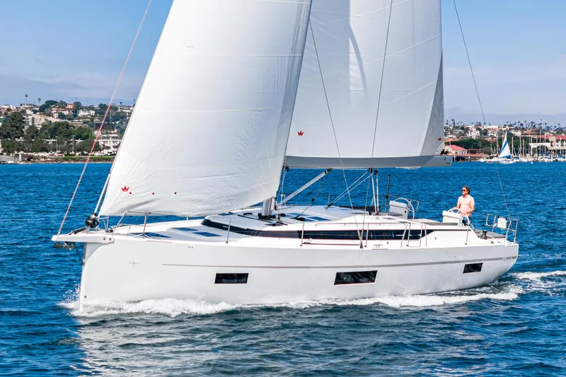 Slide: The Image of 2024 Bavaria C50 yacht sailing on blue water with white sails. - 1