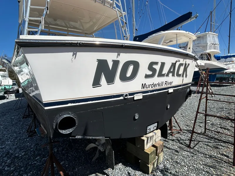 Slide: The Image of 2002 Albemarle 410 Express Fisherman boat named "No Slack" on dry dock. - 5