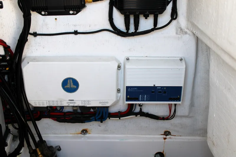 Slide: The Image of Boat electrical system with wiring and control boxes, Release 240 RX, 2020 model. - 16