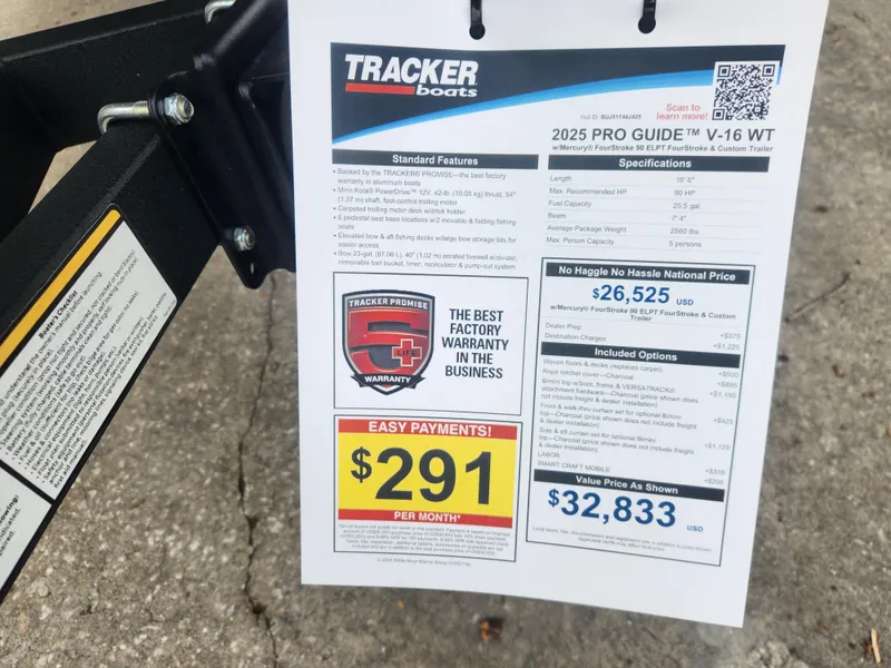 Slide: The Image of 2025 Tracker Pro Guide V-16 WT boat price sheet, featuring warranty and payment details. - 6