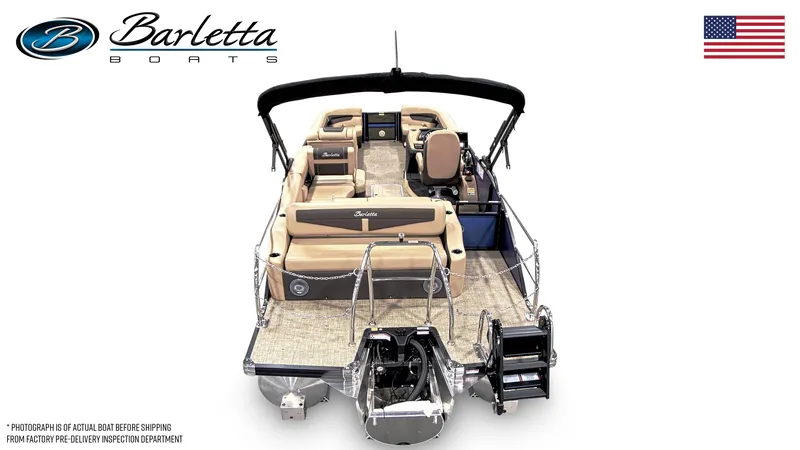 Slide: The Image of 2025 Barletta Cabrio 24U pontoon boat, rear view, beige seating, American flag. - 16