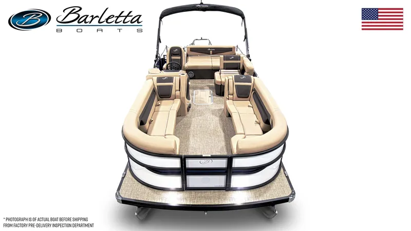Slide: The Image of 2025 Barletta Cabrio 24U pontoon boat, beige seating, spacious deck, luxury design. - 19