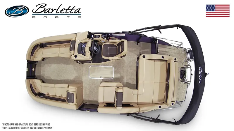 Slide: The Image of 2025 Barletta Cabrio 24U pontoon boat, top view, beige seating, spacious layout. - 20