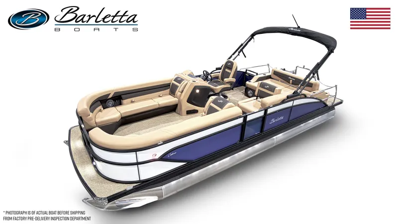 Slide: The Image of 2025 Barletta Cabrio 24U boat engine, black with '150' marking, in showroom setting. - 3