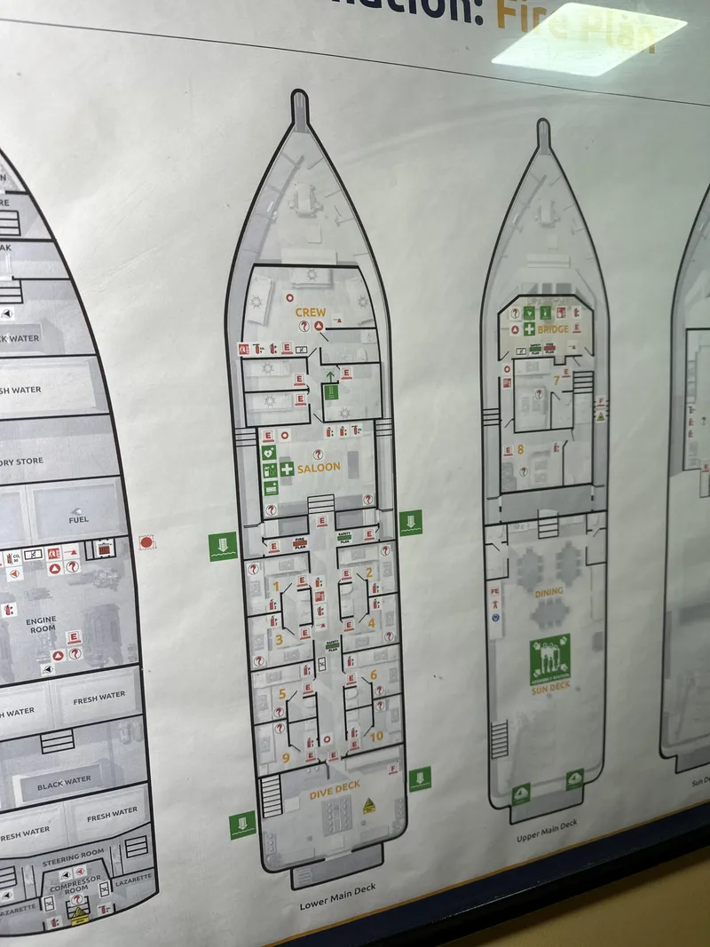 Slide: The Image of Floor plan of a 1965 Custom Dive Boat, showing detailed layout and emergency exits. - 17