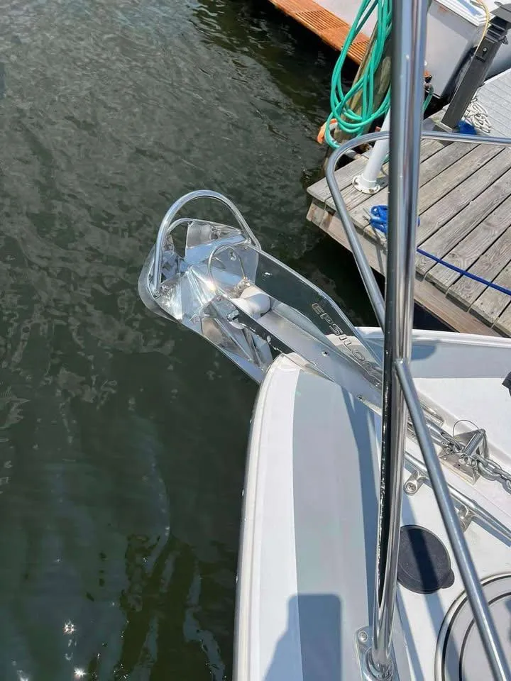 Slide: The Image of 1997 Carver 350 Mariner boat anchor detail at dock. - 8