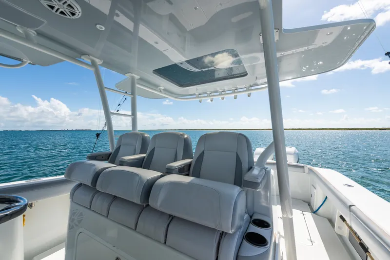 Slide: The Image of 2019 Yellowfin 42 Center Console boat interior with ocean view. - 13