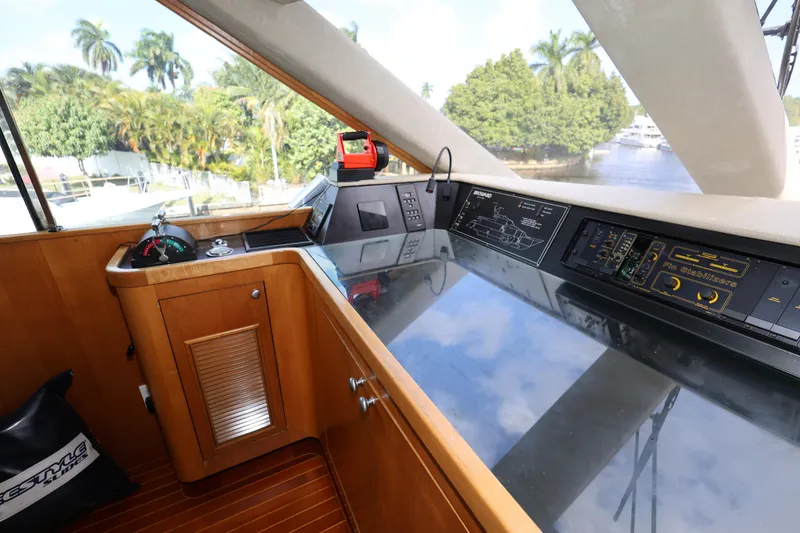 Slide: The Image of 1988 Broward 124 Tri-Deck MY yacht helm with navigation controls and panoramic view. - 18