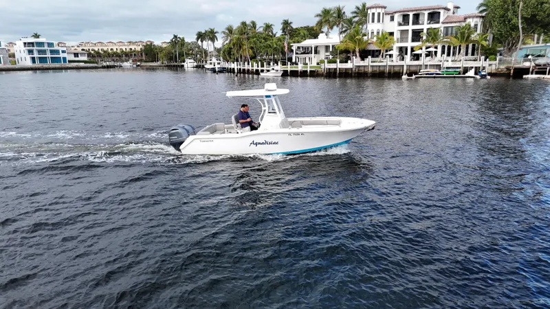 Slide: The Image of 2017 Tidewater 252 LXF boat cruising on a scenic waterfront with luxury homes. - 11