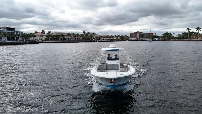 Slide: The Image of 2017 Tidewater 252 LXF boat cruising on a calm waterway under cloudy skies. - 13