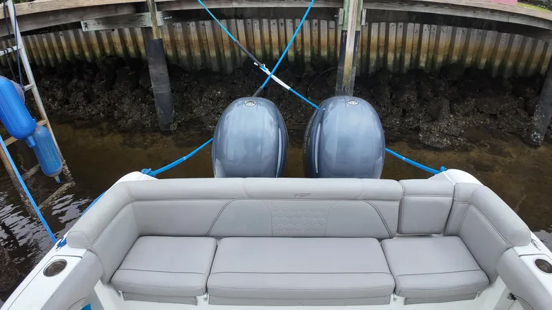 Slide: The Image of 2017 Tidewater 252 LXF boat with twin engines docked by a wooden pier. - 35