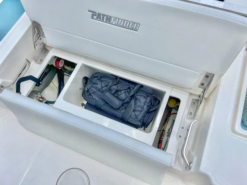 Slide: The Image of Pathfinder 2200 TRS 2025 boat storage compartment with gear bag and equipment. - 9