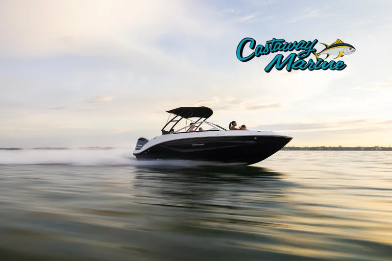 Slide: The Image of 2025 Hurricane SunDeck 235 OB speeding on water, Castaway Marine logo visible. - 29