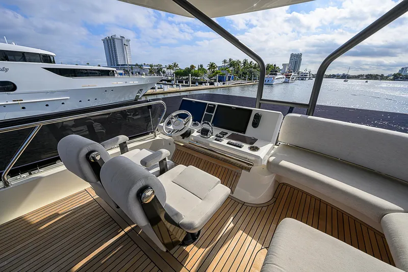 Slide: The Image of Prestige 690 yacht helm, 2021 model, featuring modern controls and waterfront view. - 38