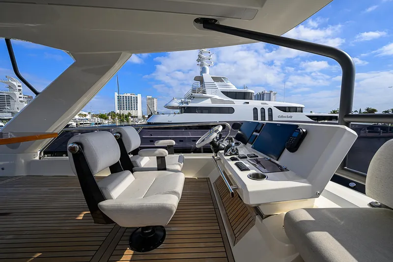 Slide: The Image of Prestige 690 yacht helm station with modern controls and seating, 2021 model. - 40