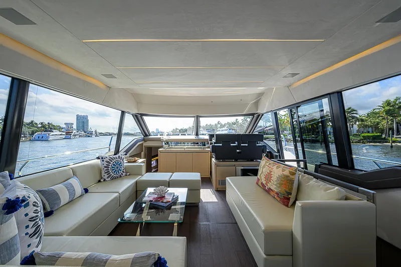 Slide: The Image of Luxurious interior of 2021 Prestige 690 yacht with elegant seating and panoramic windows. - 49